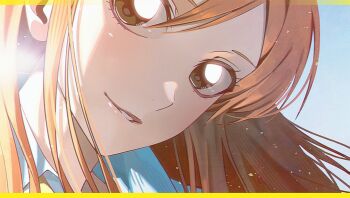 Rule 34 | 1girl, bleach, brown eyes, close-up, collared shirt, commentary, hair between eyes, inoue orihime, karakura high school uniform, light blush, long hair, looking at viewer, n (nauki 11), orange hair, parted lips, school uniform, shirt, solo, sunlight, symbol-only commentary, upper body, white shirt