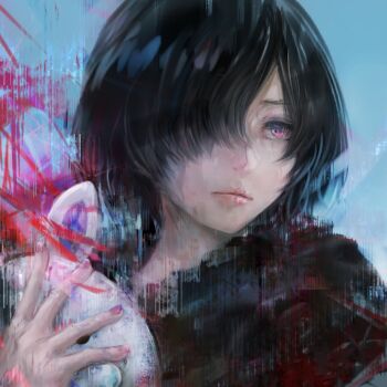 1girl black_hair black_shirt blue_background commentary fingernails hair_over_one_eye holding holding_mask impasto kirishima_touka lips long_sleeves mask rabbit_mask red_eyes shirt short_hair simple_background solo tokyo_ghoul yamamoto_no_ari