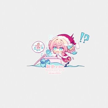 Rule 34 | !?, 1girl, aqua eyes, aqua hair, black shoes, chibi, chibi only, dress, drill hair, full body, gift, hair between eyes, hat, honkai: star rail, honkai (series), hyacine (honkai: star rail), little ica (honkai: star rail), long hair, long sleeves, macaroon mcr2, multicolored hair, open mouth, pantyhose, pink hair, puffy long sleeves, puffy sleeves, red dress, red hat, santa hat, shoes, simple background, solo, twin drills, two-tone hair, white background, white pantyhose, white sleeves, yellow pupils