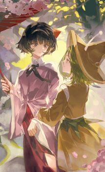 2others amanomiya_jun amanomori_shou androgynous antennae artist_request black_hair blue_eyes brown_hat commentary_request green_eyes green_hair hairband hat highres holding holding_umbrella japanese_clothes len'en long_sleeves multiple_others other_focus second-party_source short_hair smile umbrella umbrella_hair_ornament