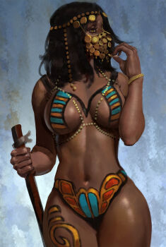 1girl black_hair bodypaint bracelet breasts brown_eyes covered_mouth dark-skinned_female dark_skin female_focus firez highres honduras jewelry large_breasts looking_to_the_side medium_hair navel real_life reference_work solo stick tribal very_dark_skin