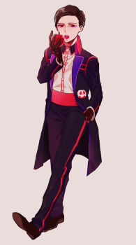 1boy apple apple_poison black_gloves bow brown_hair disneyland food food-themed_ornament formal_clothes fruit gloves hat holding holding_food holding_fruit long_sleeves looking_at_viewer male_focus merumerumerume poison_apple short_hair simple_background smile solo