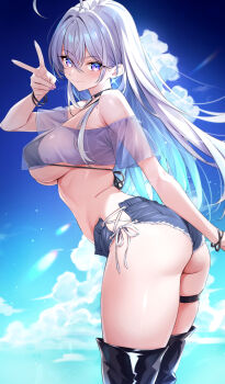 1girl absurdres ahoge ass bikini bikini_top_only bikini_under_clothes black_bikini black_thighhighs blue_eyes blue_hair blue_sky blush bracelet breasts closed_mouth cloud colored_inner_hair commentary_request commission criss-cross_straps crop_top cutoffs day denim denim_shorts earrings from_side glint hair_between_eyes hair_intakes hands_up highres huge_ahoge jewelry large_breasts latex latex_thighhighs lens_flare light_particles long_hair micro_bikini micro_shorts multicolored_eyes multicolored_hair nail_polish off-shoulder_shirt off_shoulder original outdoors purple_eyes purple_nails see-through_clothes see-through_shirt shiraiwa_usagi shirt shorts side-tie_shorts sideboob skeb_commission sky smile standing string_bikini swimsuit thigh_strap thighhighs thighs two-tone_eyes underboob v very_long_hair white_hair