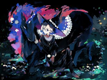 1girl asumi_chikyuu blue_eyes chinese_zodiac commentary_request flower glasses hat highres horse original round_eyewear sitting smile solo unicorn witch witch_hat year_of_the_horse