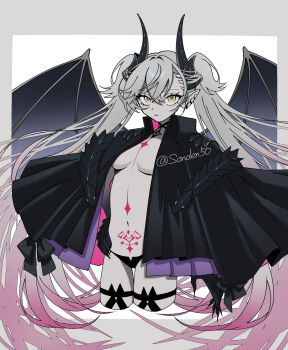 1girl absurdres black_cloak black_hands black_panties body_markings breasts choker cloak colored_extremities commentary_request crossed_bangs demon_girl demon_horns demon_wings ear_piercing fate/grand_order fate_(series) green_eyes grey_hair hair_between_eyes highres horns lilith_(fate) lilith_(second_ascension)_(fate) long_hair looking_at_viewer medium_breasts navel panties piercing pointy_ears solo stomach_tattoo tattoo thighs tokumori_ramen twintails underwear very_long_hair wings