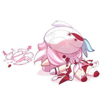 1girl ass beret broken_plate cake cake_slice chibi chibi_only commentary dress elf elysia_(hi_love_elf)_(honkai_impact) elysia_(honkai_impact) english_commentary fallen_down food fruit hat highres honkai_(series) honkai_impact_3rd jfifwebp multicolored_hair panties pink_hair plate pointy_ears red_panties red_shoes shoes simple_background solo strawberry thighhighs two-tone_hair underwear white_background white_dress white_hair white_thighhighs