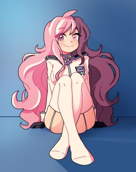 1girl black_gloves blue_background blush brown_eyes brown_hair closed_mouth commentary crossed_legs english_commentary eyelashes full_body gloves heterochromia highres long_hair long_sleeves multicolored_hair neopolitan_(rwby) no_shoes pink_eyes pink_hair raburine rwby shadow sitting smile solo split_mouth thighhighs white_hair white_thighhighs
