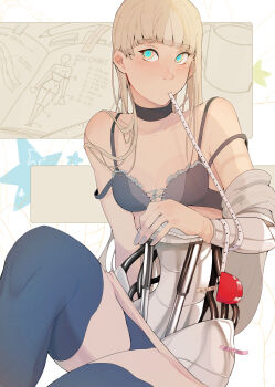 1girl absurdres android black_bra black_choker black_panties black_thighhighs blonde_hair blue_eyes bra choker commentary_request ecomoesty ei_chan_(endless_overhaul) endless_overhaul highres long_hair looking_at_viewer mechabare multicolored_eyes panties sitting solo strap_slip tape_measure thighhighs underwear yellow_eyes