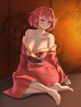 1girl absurdres bare_shoulders breasts chest_jewel collarbone commentary core_crystal_(xenoblade) english_commentary full_body highres indoors japanese_clothes kimono large_breasts off_shoulder pyra_(xenoblade) red_eyes red_hair red_kimono short_hair solo succducc888 xenoblade_chronicles_(series) xenoblade_chronicles_2