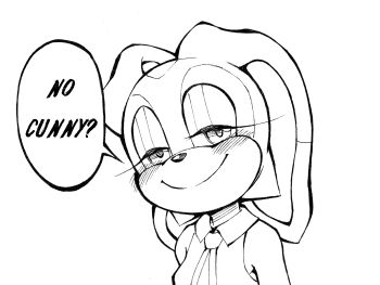1girl abe's_drawings animal_ears blush breasts closed_mouth collared_shirt cream_the_rabbit cunny_(meme) english_text furry furry_female greyscale half-closed_eyes highres looking_at_viewer lop_rabbit_ears meme monochrome no_bitches?_(meme) rabbit_ears rabbit_girl shirt simple_background sleeveless sleeveless_shirt small_breasts smile solo sonic_(series) speech_bubble third-party_source