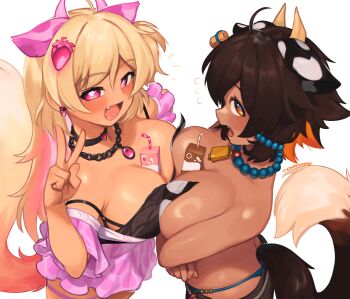 2girls ahoge alternate_animal_ears alternate_hair_color animal_ears artist_name bead_necklace beads bell between_breasts black_choker black_hair blonde_hair breast_press breasts chocolate_milk choker commentary cow_ears cow_girl cow_horns cowbell dual_persona english_commentary flying_sweatdrops food-themed_hair_ornament hair_ornament highres horns jewelry large_breasts mozumi_pichi multiple_girls necklace open_mouth pink_eyes pink_horns simple_background smile strawberry_hair_ornament strawberry_milk symmetrical_docking tan v-dere virtual_youtuber white_background yoako