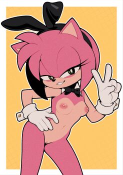 1girl absurdres amy_rose animal_ears bow bowtie cuff_links fake_animal_ears furry gaturo green_eyes grin highres navel nipples nude pussy smile sonic_(series) v