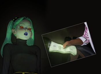1girl 1other breasts colored_sclera cyberpunk:_edgerunners cyberpunk_(series) diathorn green_hair hair_ornament highres holding holding_money lips lipstick makeup money parted_lips prostitution rebecca_(cyberpunk) shirt_tucked_in small_breasts sweater turtleneck turtleneck_sweater twintails