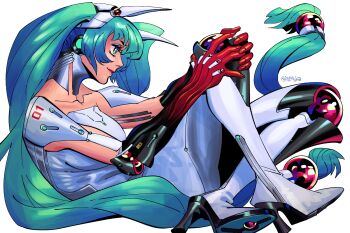 1girl alternate_costume armor boots check_clothing closed_mouth clothing_request cyborg from_side gloves green_eyes green_hair hand_on_own_knee hatsune_miku high_heels highres long_hair low-tied_long_hair lying mechanical_arms pants psyoptima red_gloves signature simple_background smile solo twintails very_long_hair vocaloid white_armor white_background white_boots white_pants