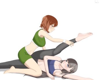 2girls absurdres black_pants blue_sports_bra breasts green_shorts green_sports_bra grey_hair hand_on_another&#039;s_leg highres kanne_(sousou_no_frieren) lawine_(sousou_no_frieren) long_hair medium_hair multiple_girls orange_hair pants senpaisif shadow short_hair shorts sousou_no_frieren sports_bra white_background yoga yoga_pants