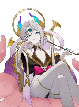 Rule 34 | 1girl, absurdres, aqua eyes, aqua horns, aqua nails, bare shoulders, blue horns, commentary, commission, crossed legs, feet out of frame, fingernails, flat chest, gradient horns, half-closed eyes, hand up, highres, holding, holding smoking pipe, horns, long fingernails, long hair, looking at viewer, multicolored horns, nail polish, nbee ya, original, parted lips, purple horns, simple background, sitting, smoking pipe, solo, white background, white hair, wide sleeves