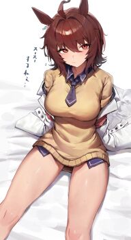1girl :/ absurdres agnes_tachyon_(tach-nology)_(umamusume) agnes_tachyon_(umamusume) ahoge animal_ears black_necktie breasts brown_hair cardigan coat commentary_request ear_ornament earrings hair_between_eyes hair_intakes highres horse_ears horse_girl horse_tail huge_ahoge jewelry lab_coat large_breasts leste_(humansequencer) looking_at_viewer medium_hair necktie red_eyes short_necktie single_earring sitting sleeves_past_fingers sleeves_past_wrists solo tail thighs translation_request umamusume white_coat yellow_cardigan