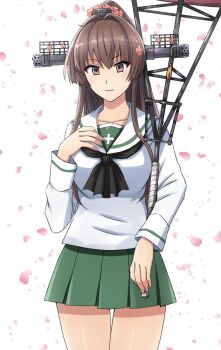 Rule 34 | 1girl, black neckerchief, brown eyes, brown hair, cherry blossoms, cosplay, flower, girls und panzer, green skirt, hair flower, hair ornament, headgear, highres, holding, holding umbrella, kantai collection, long hair, long sleeves, looking at viewer, miniskirt, neckerchief, omachi (slabco), ooarai school uniform, school uniform, serafuku, shirt, skirt, solo, umbrella, white shirt, yamato (kancolle)