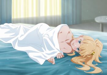 1girl bare_shoulders blonde_hair blue_eyes blush breasts cleavage commentary_request crown full_body highres indoors kekkon_yubiwa_monogatari large_breasts long_hair looking_at_viewer lying mini_crown nonaka_himeno official_art on_side open_mouth ponytail smile solo under_covers
