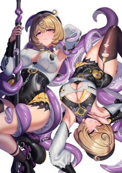 1girl absurdres arm_behind_head arm_up armpits bare_shoulders black_garter_straps black_hat black_shorts black_streaks blonde_hair breasts cleavage cleavage_cutout closed_mouth clothing_cutout commentary covered_navel cruzvu detached_sleeves english_commentary garter_straps hair_between_eyes hat high-waist_shorts highres holding holding_staff large_breasts light_blush light_smile looking_at_viewer mole mole_under_mouth monster_girl multicolored_hair multiple_views paid_reward_available pink_eyes scylla shirt shirt_tucked_in short_hair shorts simple_background single_garter_strap single_thighhigh staff streaked_hair tentacle_girl tentacles thighhighs thighs torn_clothes torn_thighhighs white_background white_shirt yidhari_murphy zenless_zone_zero