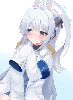 1girl animal_ears blue_archive blue_halo blush borrowed_clothes fake_animal_ears grey_hair halo highres jacket miyako_(blue_archive) oversized_clothes oversized_jacket rabbit_ears side_ponytail sleeves_past_fingers sleeves_past_wrists solo uttsu_(yumaviviane) white_jacket