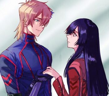 1girl ash_phoenix black_hair blonde_hair blue_eyes blue_hair code_geass code_geass:_dakkan_no_roze gloves holding jacket long_hair long_sleeves multicolored_hair purple_eyes risyo shirt short_hair sumeragi_sakuya upper_body very_long_hair