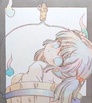 1girl blue_eyes bucket commentary_request from_behind hair_bobbles hair_ornament head_tilt in_bucket in_container japanese_clothes kimono kisume long_sleeves looking_at_viewer looking_back nishina_masato pale_color puckered_lips short_hair short_twintails solid_eyes solo touhou twintails upper_body white_kimono wooden_bucket