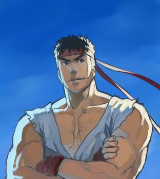 Rule 34 | 1boy, b suke, black eyes, black hair, commentary request, crossed arms, dougi, facial hair, fingerless gloves, gloves, goatee stubble, headband, male focus, muscular, muscular male, red gloves, red headband, ryu (street fighter), smile, solo, street fighter, stubble, upper body, v-shaped eyebrows