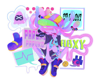 1girl baseball_cap black_shirt blue_footwear character_name closed_eyes clownfish commentary copyright_name drooling english_commentary eyelashes fish floating_hair green_skirt harmony's_clownfish_(splatoon) harmony_(splatoon) hat highres long_hair long_shirt matoka7 miniskirt nintendo open_mouth pink_hair shirt shoes short_sleeves skirt speech_bubble splatoon_(series) squid striped_clothes striped_headwear tentacle_hair white_background