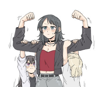 3girls aged_down bang_dream! bang_dream!_it&#039;s_mygo!!!!! belt black_belt black_choker black_hair black_jacket black_shirt blonde_hair blue_eyes chinese_commentary choker commentary_request criangle_k. flexing jacket long_hair medium_hair midriff misumi_uika multiple_girls navel red_shirt shiina_taki shirt simple_background time_paradox white_background white_jacket white_shirt yahata_umiri