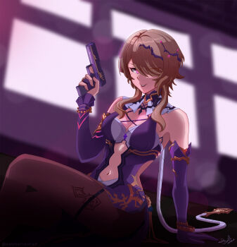 Rule 34 | 1girl, black pantyhose, bra, breasts, commentary, crossed legs, elbow gloves, english commentary, fingerless gloves, gloves, gun, highres, holding, holding gun, holding weapon, honkai (series), honkai impact 3rd, large breasts, looking at viewer, mole, mole under eye, navel, pantyhose, purple eyes, purple gloves, rita rossweisse, rita rossweisse (miss espionage), satyharvenheit, short hair, sitting, solo, underwear, weapon, white bra