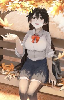 1girl :d autumn autumn_leaves bag bambietta_basterbine black_hair black_skirt black_thighhighs bleach bleach:_sennen_kessen-hen bow bowtie breasts brown_eyes commentary deadman70232800 falling_leaves feet_out_of_frame hair_between_eyes highres karakura_high_school_uniform large_breasts leaf long_hair miniskirt on_bench open_mouth pleated_skirt quincy_(bleach) red_bow red_bowtie school_bag school_uniform shirt sitting skirt smile socks solo teeth thighhighs upper_teeth_only very_long_hair white_shirt zettai_ryouiki
