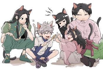 1other 4boys alluka_zoldyck animal_ears black_eyes black_hair brothers cat_boy cat_ears cat_tail catnip commentary_request crossed_legs green_footwear grey_hair highres hunter_x_hunter illumi_zoldyck japanese_clothes kalluto_zoldyck karasuma_(wbeach01) killua_zoldyck kimono long_hair male_focus milluki_zoldyck multiple_boys on_lap purple_footwear short_hair siblings sitting squatting tail