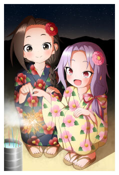 2girls absurdres black_eyes black_hair blush closed_mouth collarbone dot_nose feet female_focus fireworks flower forehead full_body hair_flower hair_ornament highres holding ishigakiseiya japanese_clothes kimono kunoichi_tsubaki_no_mune_no_uchi long_hair long_sleeves mountain multiple_girls night night_sky open_mouth outdoors ponytail purple_hair sandals sazanka_(kunoichi_tsubaki_no_mune_no_uchi) scenery sky sparkler star_(sky) tsubaki_(kunoichi_tsubaki_no_mune_no_uchi) yukata