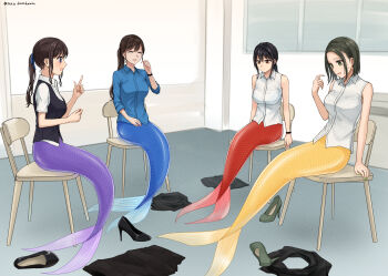 4girls :d artist_name black_hair black_skirt blue_tail breasts brown_hair chair closed_eyes collared_shirt commentary_request commission green_hair high_heels highres index_finger_raised indoors large_breasts medium_breasts merfolk merfolk_out_of_environment mermaid monster_girl multiple_girls office_lady on_chair open_mouth original pixiv_commission purple_tail red_tail scales setu_kurokawa shirt shoes short_sleeves sitting skirt sleeves_rolled_up smile twitter_username unworn_shoes unworn_skirt watermark white_shirt window yellow_tail