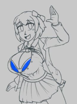 1girl azugarosu bow breasts buttons cleavage collared_shirt doki_doki_literature_club greyscale hair_bow hand_up jacket looking_at_viewer monochrome open_clothes open_jacket open_mouth ribbon sayori_(doki_doki_literature_club) school_uniform shirt short_hair sketch skirt smile solo spot_color thighs vest vest_lift waving
