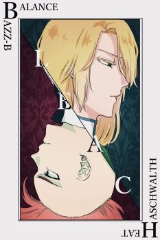 1046sstep_btoh 2boys bazz-b bleach bleach:_sennen_kessen-hen blonde_hair card_(medium) commentary_request expressionless green_eyes highres jugram_haschwalth male_focus mohawk multiple_boys red_hair rotational_symmetry