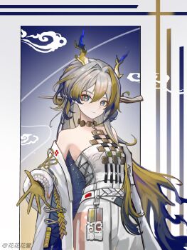 Rule 34 | 1girl, absurdres, antlers, arknights, artist name, bare shoulders, black hair, blonde hair, blue eyes, bracelet, breasts, chinese commentary, chinese text, choker, closed mouth, coat, colored extremities, commentary request, cowboy shot, dragon horns, eastern dragon horns, eyeshadow, gloves, green eyes, grey hair, hair between eyes, hair intakes, highres, horns, huahuahualuan, jacket, jewelry, long hair, long sleeves, looking at viewer, makeup, multicolored hair, off shoulder, open clothes, open coat, pearl bracelet, shu (arknights), small breasts, smile, solo, strapless, very long hair, white coat, white jacket, xiangyun