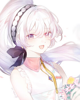 Rule 34 | 1girl, :d, absurdres, arcaea, bare shoulders, black bow, bow, breasts, collared shirt, commentary request, flower, grey eyes, hair between eyes, hair bow, high ponytail, highres, hikari (arcaea), kagomell, long hair, looking at viewer, open mouth, ponytail, shirt, simple background, sleeveless, sleeveless shirt, small breasts, smile, solo, twitter username, upper body, white background, white flower, white hair, white shirt, yellow flower