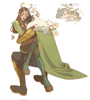 1boy 1girl alien antennae black_hair boots cape closed_eyes couple evil_cactus eyeshadow fake_horns fingerless_gloves flower fur_trim gloves green_boots green_cape green_eyeshadow green_nails guardians_of_the_galaxy hashtag-only_commentary head_on_chest health_bar heart hetero highres horned_headwear horns invisible_chair kiss kissing_cheek loki_(marvel) long_hair makeup mantis_(marvel) marvel marvel_rivals pointy_ears red_lips short_hair sitting sitting_on_lap sitting_on_person thor_(marvel)_(series) white_flower