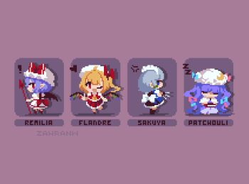 Rule 34 | !, 4girls, anger vein, artist name, ascot, back bow, bat wings, between fingers, blonde hair, blue eyes, blue hair, book, bow, braid, capelet, character name, closed eyes, commentary, crescent, crescent hat ornament, crystal, crystal wings, dress, english commentary, flandre scarlet, full body, green bow, grey hair, hair bow, hat, hat bow, hat ornament, heart, holding, holding knife, izayoi sakuya, knife, knives between fingers, long hair, maid, maid headdress, mob cap, multicolored wings, multiple girls, one eye closed, one side up, open mouth, patchouli knowledge, pixel art, puffy short sleeves, puffy sleeves, purple dress, purple hair, red bow, red eyes, red skirt, red vest, remilia scarlet, short sleeves, siblings, sisters, skirt, skirt set, sleeping, smile, spear the gungnir, touhou, vest, white capelet, white hat, white skirt, wings, yellow ascot, zahranworrell, zzz