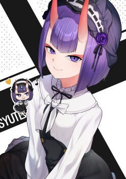 1girl absurdres black_hat black_skirt breasts chibi chibi_inset eyeliner fate/grand_order fate_(series) frilled_hairband frills hairband hat highres horns long_sleeves looking_at_viewer makeup oni purple_eyes purple_hair shirt short_hair shuten_douji_(fate) skin-covered_horns skirt small_breasts smile terasako white_shirt