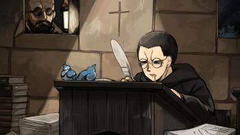 2boys aged_down bald beard bespectacled bible_(object) bird blue_jay book book_stack chicken commentary cross diva_(hyxpk) drooling english_commentary facial_hair father_(diva) glasses highres holding holding_lantern holding_quill lantern little_nuns_(diva) male_focus mouse_(animal) multiple_boys quill round_eyewear sunglasses writing