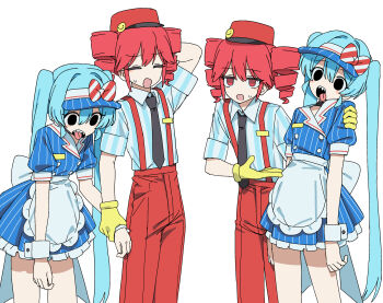 2girls black_eyes black_necktie blue_hair blue_shirt channel_(caststation) collared_shirt drill_hair gloves hat hatsune_miku highres kasane_teto long_hair mesmerizer_(vocaloid) multiple_girls necktie open_clothes open_mouth overalls pants red_eyes red_hair red_hat red_overalls red_pants sharp_teeth shirt short_sleeves sidelocks simple_background standing striped_clothes striped_shirt sweatdrop teeth twin_drills utau visor_cap vocaloid white_background white_wrist_cuffs wrist_cuffs yellow_gloves