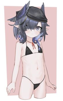 1girl arknights bikini black_bikini black_hair blush border cowboy_shot cropped_legs flat_chest head_wings highres kamihine loli looking_at_viewer mole mole_under_eye navel outside_border pink_background pointy_ears purple_eyes short_hair simple_background solo swimsuit ukusik_(arknights) white_border wings