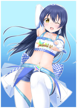 Rule 34 | 1girl, absurdres, arm up, blue hair, blush, choker, commentary request, cowboy shot, crop top, earrings, elbow gloves, fingerless gloves, gloves, highres, jakuto, jewelry, leg up, long hair, looking at viewer, love live!, love live! school idol festival, love live! school idol festival after school activity, love live! school idol project, navel, one eye closed, open mouth, outstretched arm, pointing, pointing at viewer, race queen, shorts, simple background, solo, sonoda umi, thighhighs