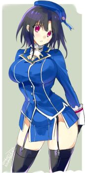 1girl beret black_gloves black_hair black_thighhighs blue_hat blue_skirt blush breasts commentary_request dated garter_straps gloves hair_between_eyes hat kantai_collection kumatora_tatsumi large_breasts looking_at_viewer military_uniform miniskirt pelvic_curtain red_eyes short_hair signature simple_background skirt solo sweat takao_(kancolle) thighhighs