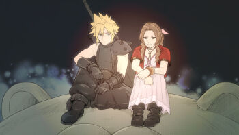 1boy 1girl aerith_gainsborough ameiro0814 armor armored_gloves baggy_pants bangle black_background black_boots black_pants black_shirt blonde_hair boots bracelet braid braided_ponytail brown_boots brown_hair buster_sword choker closed_mouth cloud_strife dress final_fantasy final_fantasy_vii final_fantasy_vii_remake flower_choker full_body hair_between_eyes hair_ribbon hugging_own_legs jacket jewelry light_smile long_dress long_hair midori_park pants parted_bangs pauldrons pink_dress pink_ribbon red_jacket ribbon shirt short_hair short_sleeves shoulder_armor sidelocks single_bare_shoulder single_braid single_pauldron sitting sleeveless sleeveless_turtleneck spiked_hair suspenders sword sword_on_back turtleneck weapon weapon_on_back