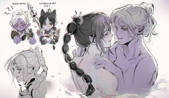 Rule 34 | 2girls, baldur's gate, baldur's gate 3, black hair, character name, chibi, chibi inset, dungeons & dragons, dungeons &amp; dragons, elf, eye contact, green eyes, hair bun, hands on another's shoulders, highres, long hair, looking at another, maybecrosswise, minthara, multi-tied hair, multiple girls, multiple views, nude, pointy ears, red eyes, shadowheart (baldur's gate), short hair, simple background, single hair bun, sketch, smile, sweat, upper body, white background, white hair, yuri