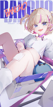 1girl absurdres bandaid bandaid_on_leg banpen_(todoroki_hajime) black_choker blonde_hair character_name choker cropped_shirt fang highres hololive hololive_dev_is leg_warmers looking_at_viewer medium_hair multicolored_hair open_mouth purple_eyes purple_hair skin_fang smile solavit401 solo streaked_hair todoroki_hajime two_side_up virtual_youtuber white_leg_warmers